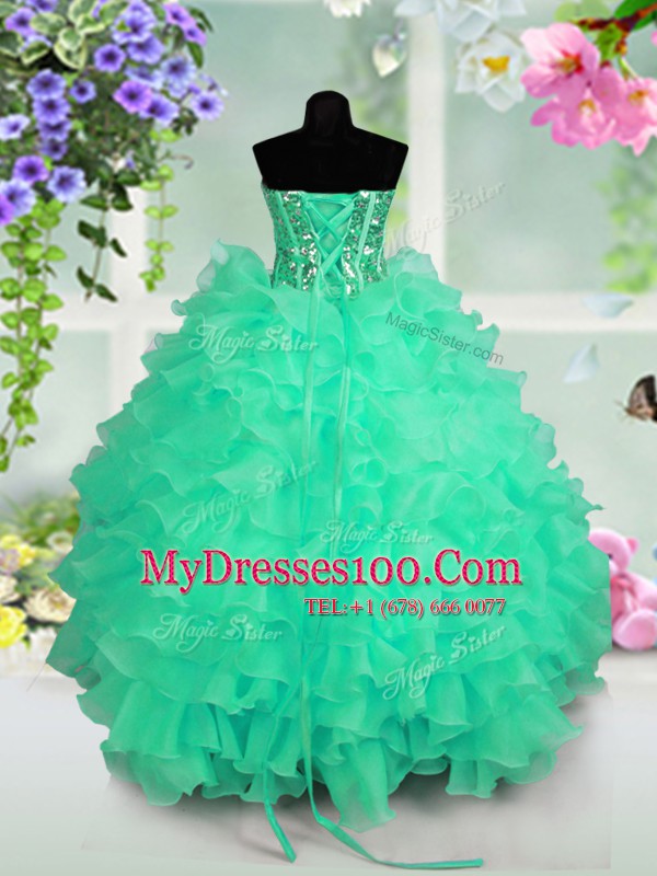 Best Turquoise Sleeveless Floor Length Ruffled Layers and Sequins Lace Up Child Pageant Dress
