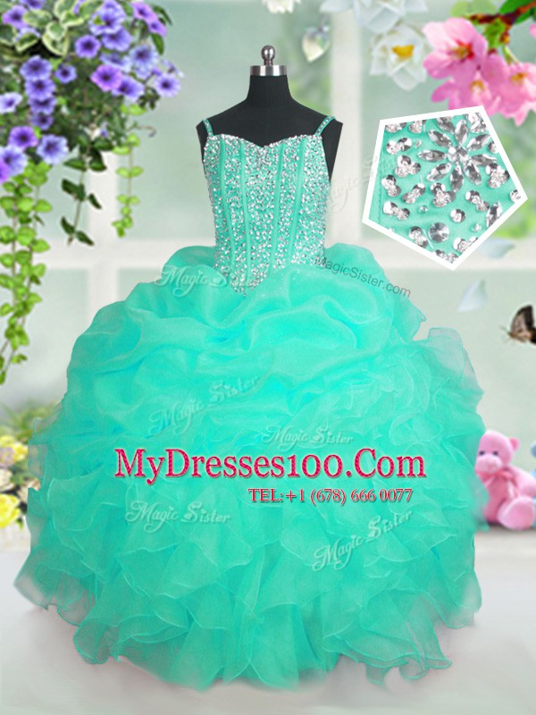 Turquoise Lace Up Kids Pageant Dress Beading and Ruffles and Pick Ups Sleeveless Floor Length