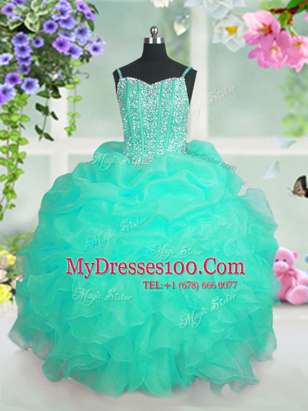Turquoise Lace Up Kids Pageant Dress Beading and Ruffles and Pick Ups Sleeveless Floor Length