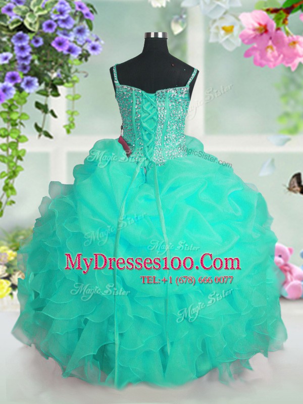 Turquoise Lace Up Kids Pageant Dress Beading and Ruffles and Pick Ups Sleeveless Floor Length