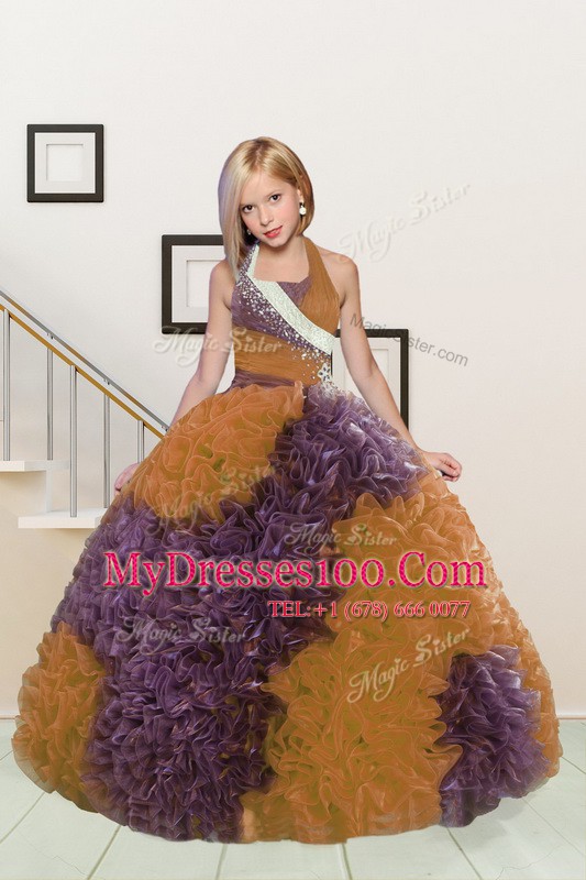 Luxurious Halter Top Sleeveless Fabric With Rolling Flowers Little Girls Pageant Dress Beading and Ruffles Lace Up