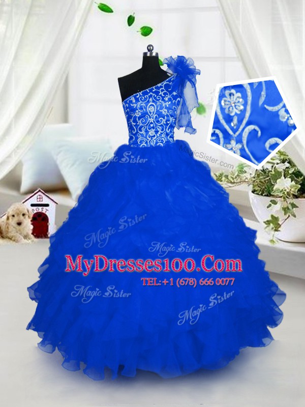 Flirting One Shoulder Embroidery and Ruffles Little Girls Pageant Dress Royal Blue Lace Up Sleeveless Floor Length