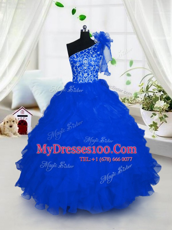 Flirting One Shoulder Embroidery and Ruffles Little Girls Pageant Dress Royal Blue Lace Up Sleeveless Floor Length