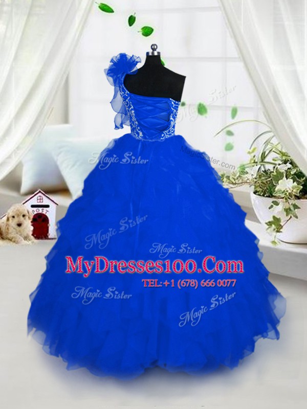 Flirting One Shoulder Embroidery and Ruffles Little Girls Pageant Dress Royal Blue Lace Up Sleeveless Floor Length