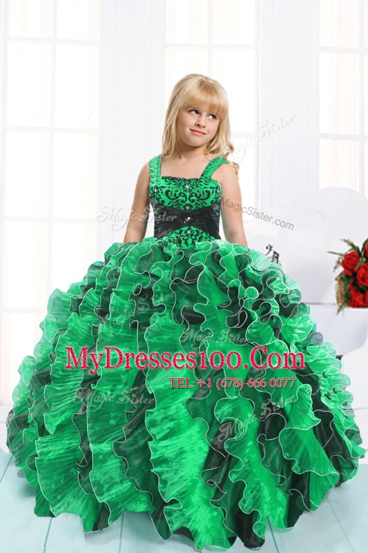 Ball Gowns Toddler Flower Girl Dress Green Straps Organza Sleeveless Floor Length Lace Up