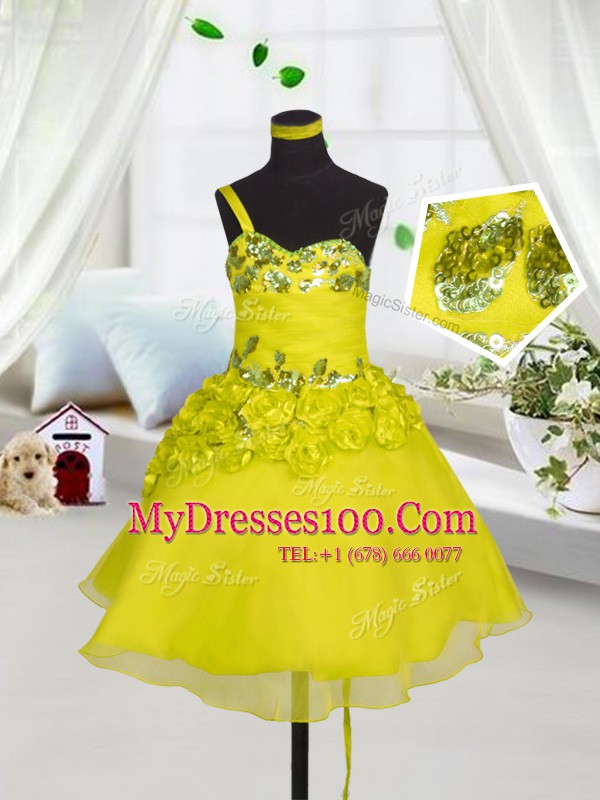 Yellow Toddler Flower Girl Dress Party and Wedding Party and For with Beading and Appliques and Hand Made Flower Sweetheart Sleeveless Lace Up