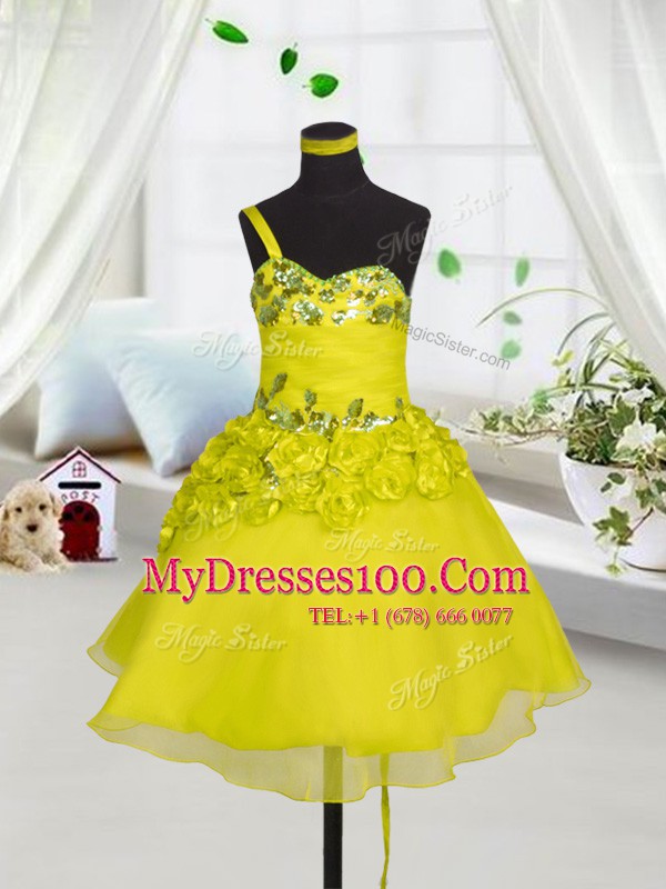 Yellow Toddler Flower Girl Dress Party and Wedding Party and For with Beading and Appliques and Hand Made Flower Sweetheart Sleeveless Lace Up