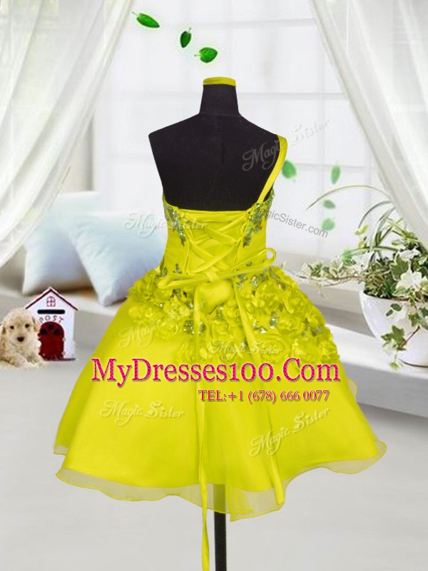Yellow Toddler Flower Girl Dress Party and Wedding Party and For with Beading and Appliques and Hand Made Flower Sweetheart Sleeveless Lace Up
