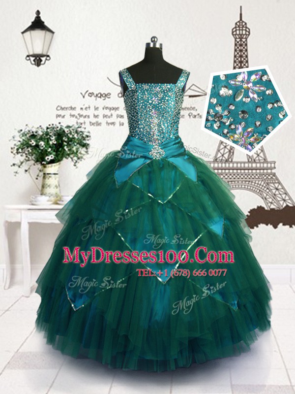 Custom Designed Sleeveless Floor Length Beading and Belt Lace Up Flower Girl Dress with Teal