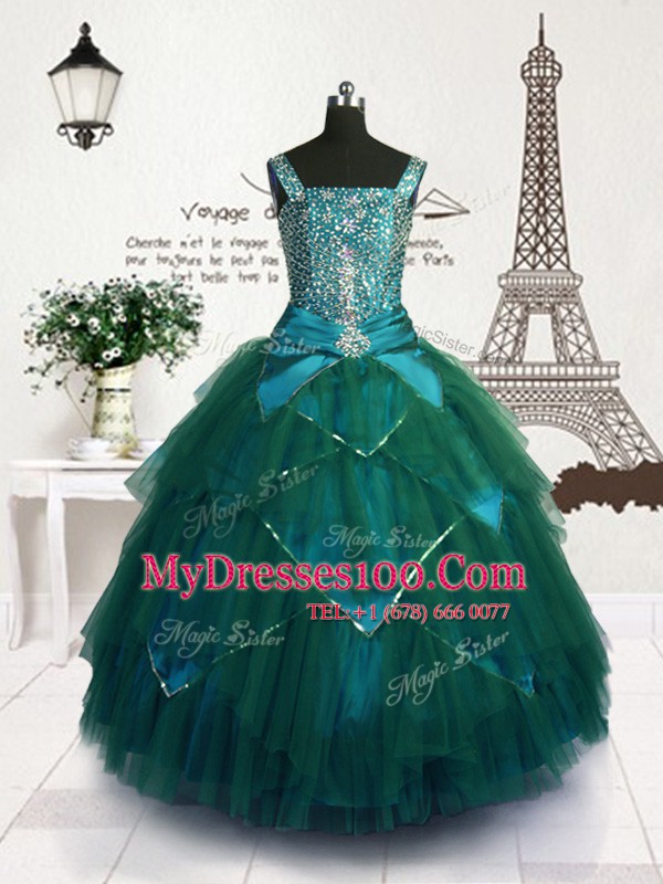 Custom Designed Sleeveless Floor Length Beading and Belt Lace Up Flower Girl Dress with Teal
