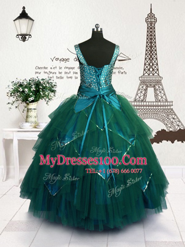 Custom Designed Sleeveless Floor Length Beading and Belt Lace Up Flower Girl Dress with Teal