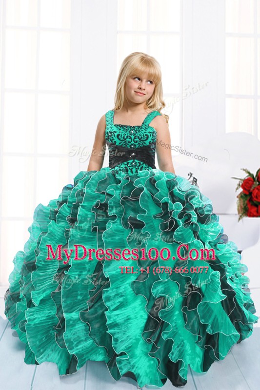 Excellent Floor Length Teal Girls Pageant Dresses Straps Sleeveless Lace Up