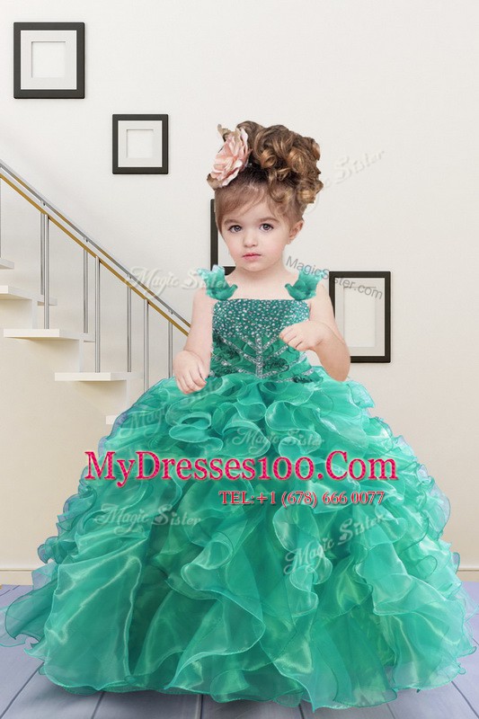Clearance Turquoise Sleeveless Floor Length Beading and Ruffles Lace Up Kids Formal Wear