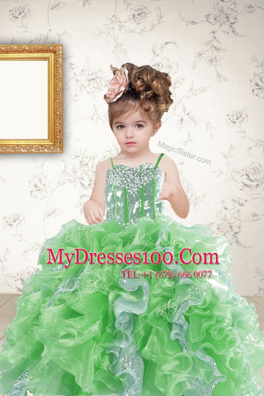 Spaghetti Straps Sleeveless Organza Girls Pageant Dresses Beading and Ruffles and Sequins Lace Up