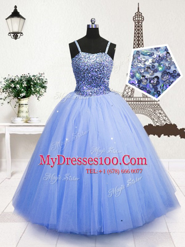 Light Blue Zipper Girls Pageant Dresses Beading and Sequins Sleeveless Floor Length