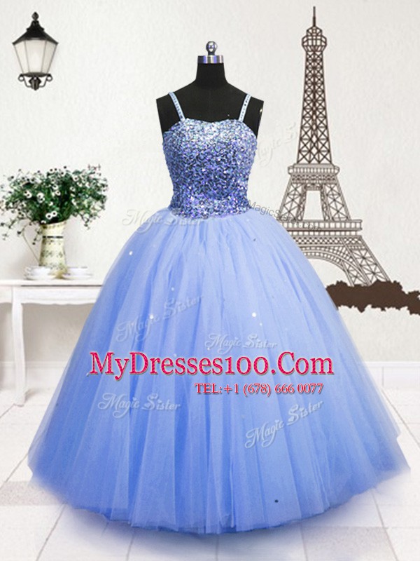 Light Blue Zipper Girls Pageant Dresses Beading and Sequins Sleeveless Floor Length