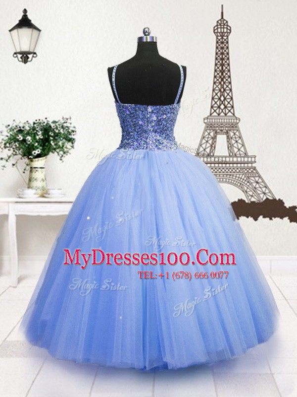Light Blue Zipper Girls Pageant Dresses Beading and Sequins Sleeveless Floor Length