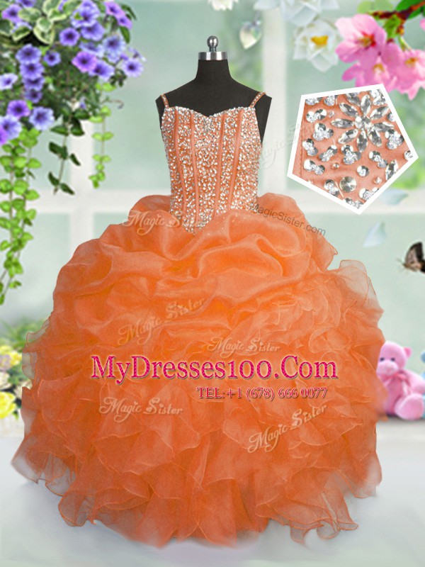Traditional Sleeveless Organza Floor Length Lace Up Kids Formal Wear in Orange with Beading and Ruffles and Pick Ups