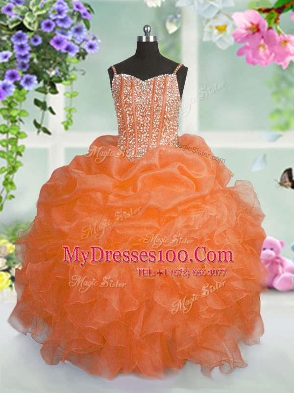 Traditional Sleeveless Organza Floor Length Lace Up Kids Formal Wear in Orange with Beading and Ruffles and Pick Ups