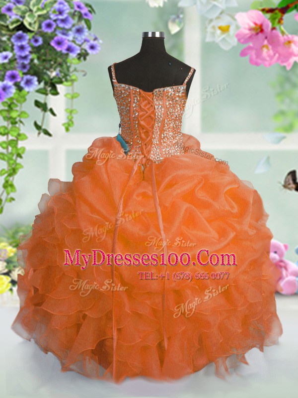 Traditional Sleeveless Organza Floor Length Lace Up Kids Formal Wear in Orange with Beading and Ruffles and Pick Ups