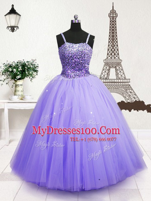 Customized Blue Zipper Spaghetti Straps Beading and Sequins Flower Girl Dress Tulle Sleeveless