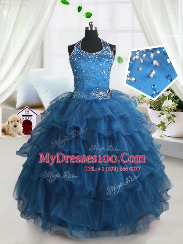 Flare Teal Girls Pageant Dresses Party and Wedding Party and For with Beading and Ruffled Layers Spaghetti Straps Sleeveless Lace Up