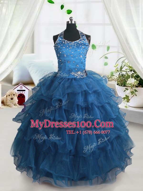 Flare Teal Girls Pageant Dresses Party and Wedding Party and For with Beading and Ruffled Layers Spaghetti Straps Sleeveless Lace Up