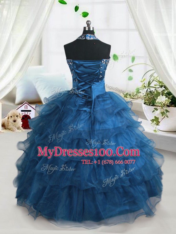 Flare Teal Girls Pageant Dresses Party and Wedding Party and For with Beading and Ruffled Layers Spaghetti Straps Sleeveless Lace Up