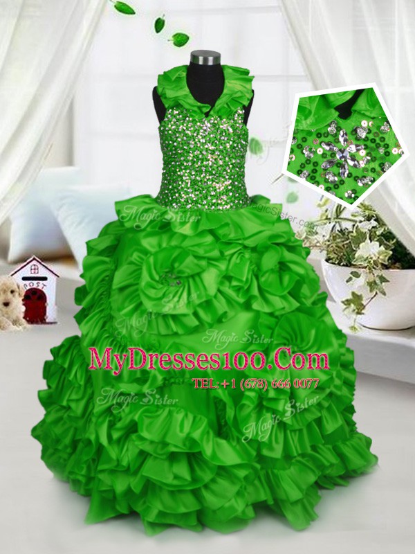 Halter Top Sleeveless Zipper Floor Length Beading and Ruffles Girls Pageant Dresses