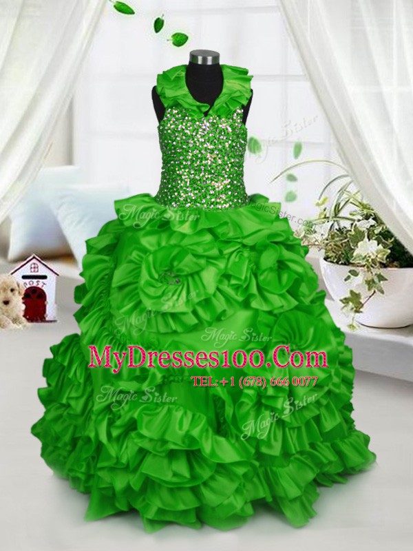 Halter Top Sleeveless Zipper Floor Length Beading and Ruffles Girls Pageant Dresses