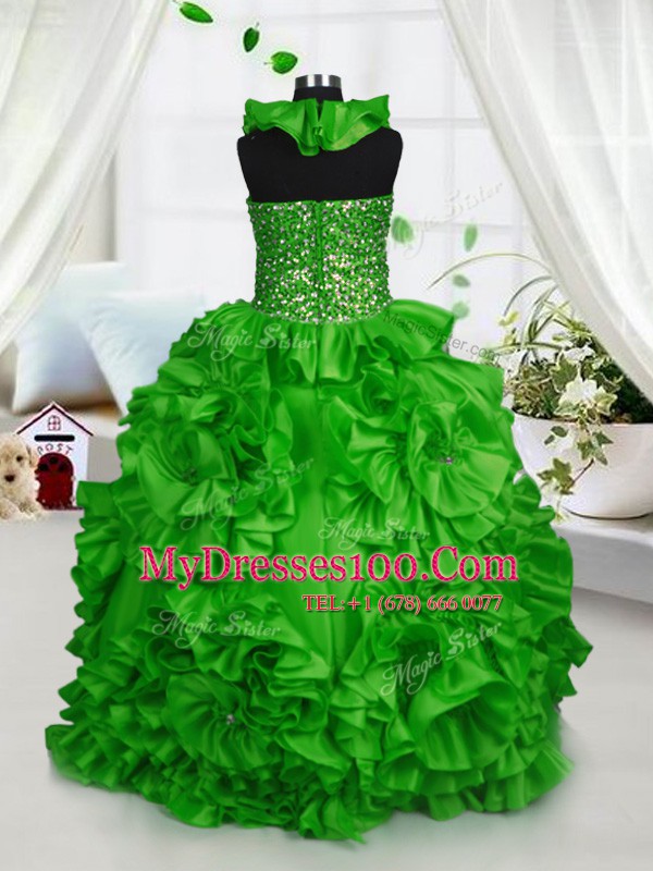 Halter Top Sleeveless Zipper Floor Length Beading and Ruffles Girls Pageant Dresses