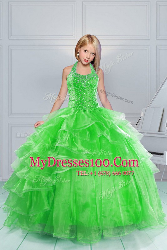 New Arrival Green Ball Gowns Organza Halter Top Sleeveless Beading and Ruffles Floor Length Lace Up Kids Pageant Dress