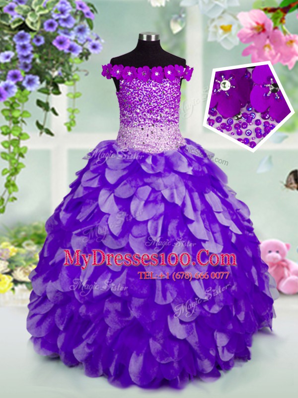 Luxury Off the Shoulder Sleeveless Organza Floor Length Lace Up Little Girls Pageant Dress Wholesale in Navy Blue with Beading and Hand Made Flower
