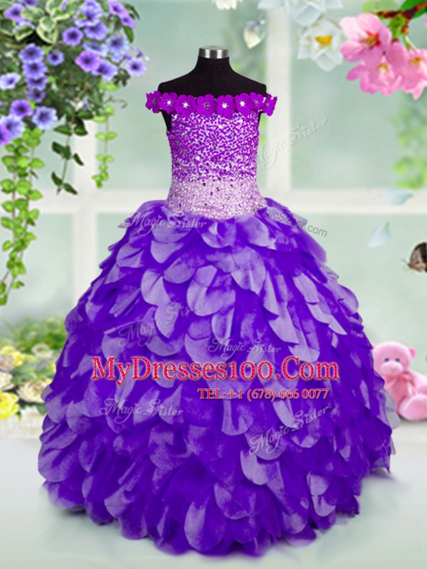 Luxury Off the Shoulder Sleeveless Organza Floor Length Lace Up Little Girls Pageant Dress Wholesale in Navy Blue with Beading and Hand Made Flower