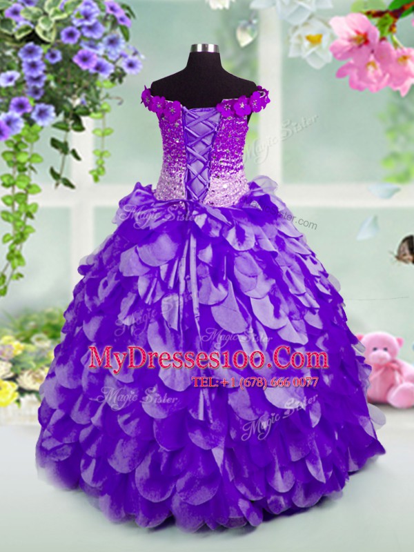 Luxury Off the Shoulder Sleeveless Organza Floor Length Lace Up Little Girls Pageant Dress Wholesale in Navy Blue with Beading and Hand Made Flower