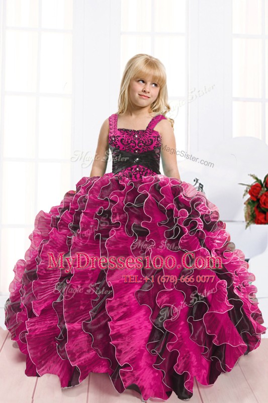 Eye-catching Floor Length Black and Hot Pink Little Girl Pageant Gowns Organza Sleeveless Beading and Ruffles