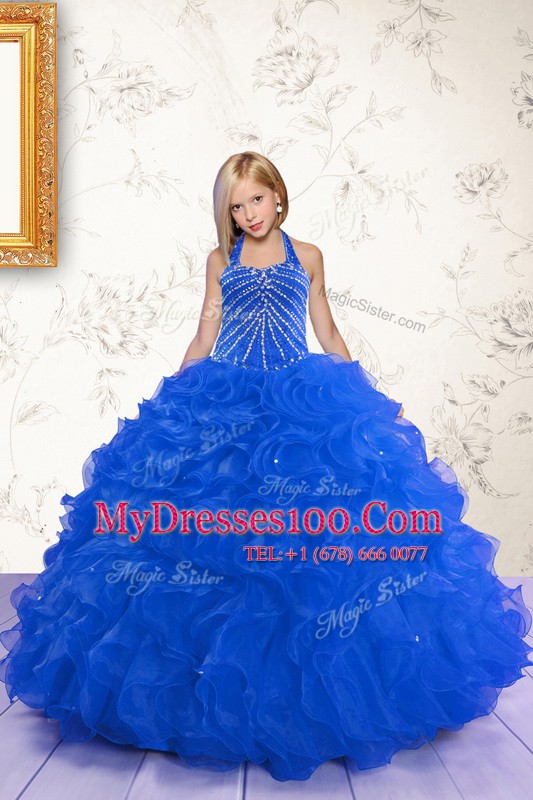 Royal Blue Halter Top Neckline Beading and Ruffles Flower Girl Dresses Sleeveless Lace Up