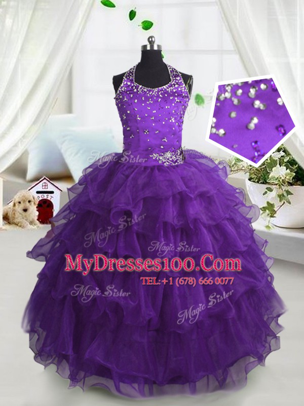 Luxurious Scoop Purple Lace Up Toddler Flower Girl Dress Beading and Ruffled Layers Sleeveless Floor Length