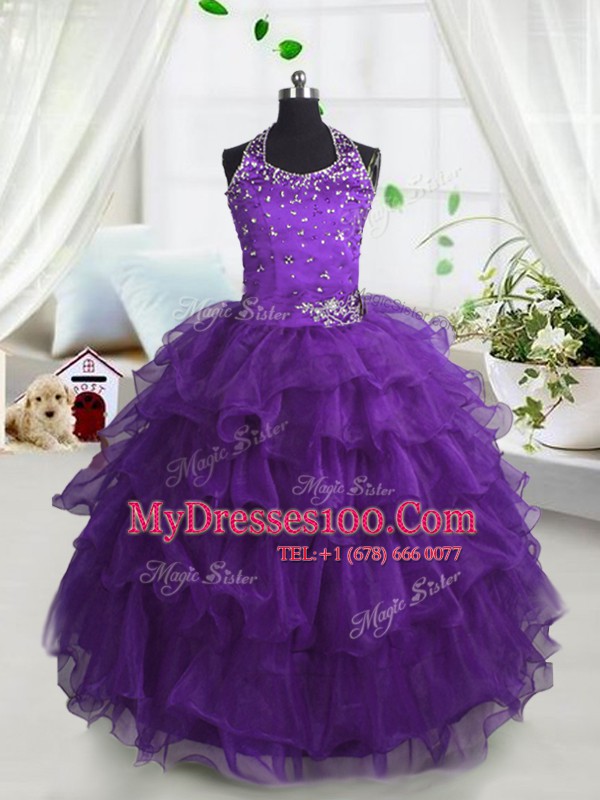 Luxurious Scoop Purple Lace Up Toddler Flower Girl Dress Beading and Ruffled Layers Sleeveless Floor Length