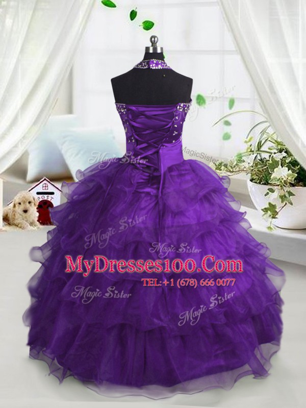 Luxurious Scoop Purple Lace Up Toddler Flower Girl Dress Beading and Ruffled Layers Sleeveless Floor Length