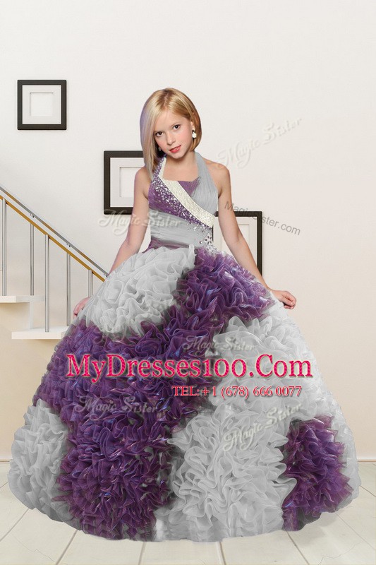 Fantastic Halter Top Sleeveless Fabric With Rolling Flowers Floor Length Lace Up Girls Pageant Dresses in White And Purple with Beading and Ruffles