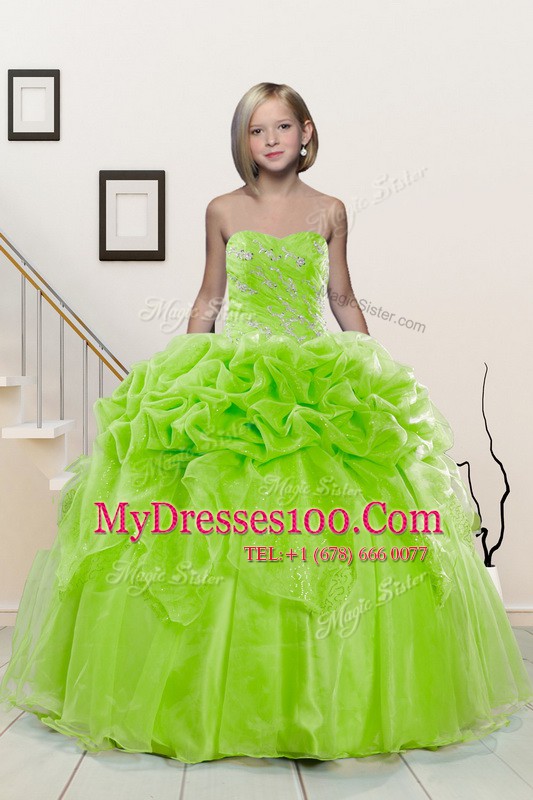 Romantic Yellow Green Ball Gowns Organza Sweetheart Sleeveless Beading and Pick Ups Floor Length Lace Up Toddler Flower Girl Dress