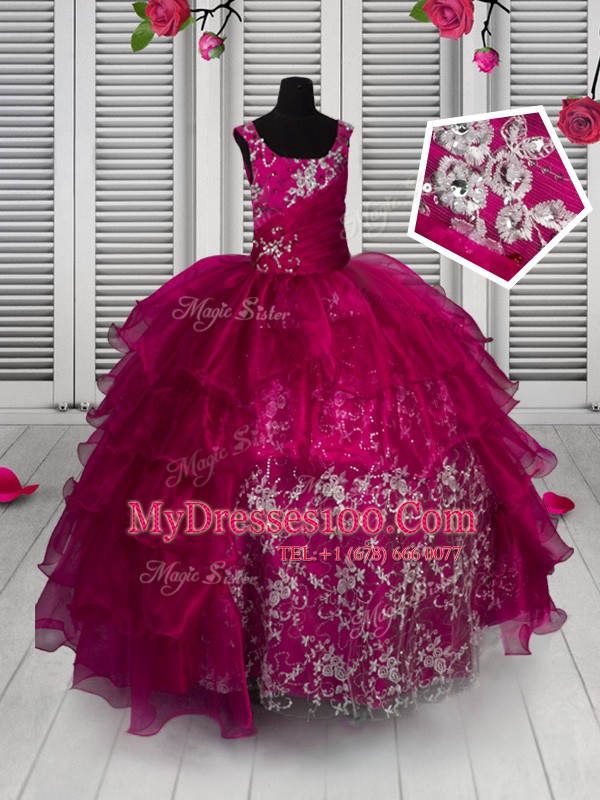 Sleeveless Organza Floor Length Lace Up Flower Girl Dresses for Less in Fuchsia with Appliques and Ruffled Layers