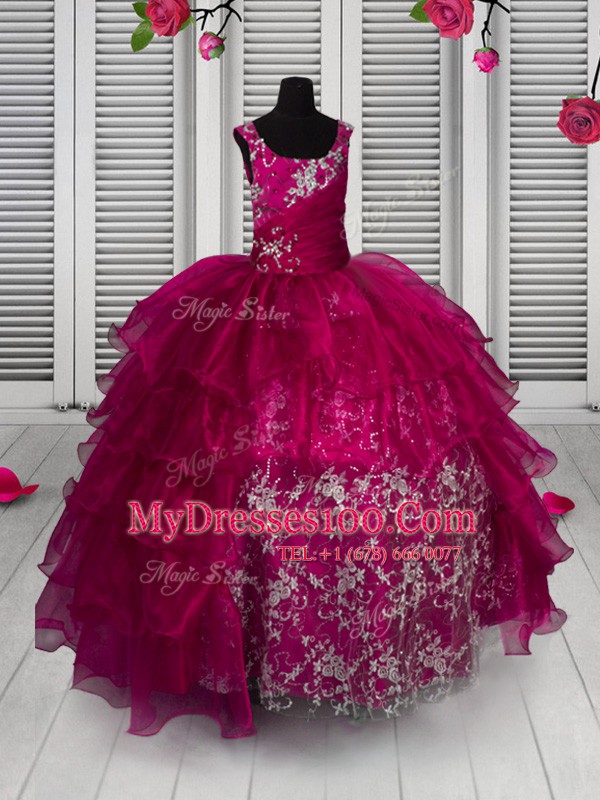 Sleeveless Organza Floor Length Lace Up Flower Girl Dresses for Less in Fuchsia with Appliques and Ruffled Layers