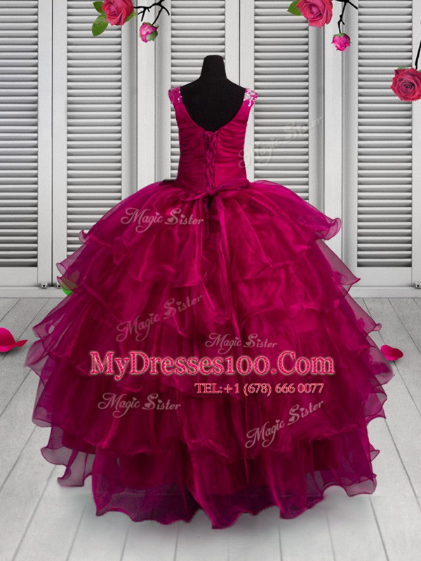 Sleeveless Organza Floor Length Lace Up Flower Girl Dresses for Less in Fuchsia with Appliques and Ruffled Layers