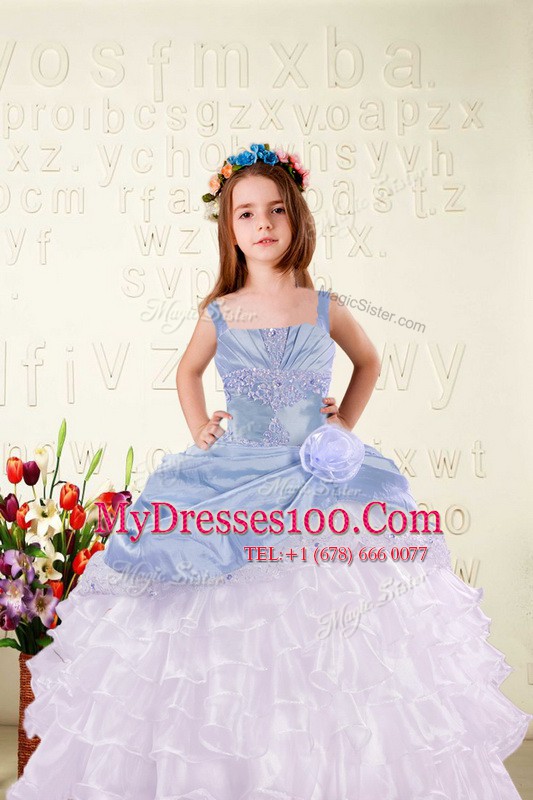 Glittering Ruffled Straps Sleeveless Lace Up Flower Girl Dresses Light Blue Organza