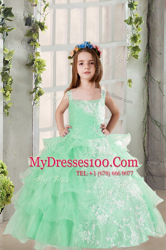 Graceful Ruffled Floor Length Ball Gowns Sleeveless Turquoise Flower Girl Dresses for Less Lace Up