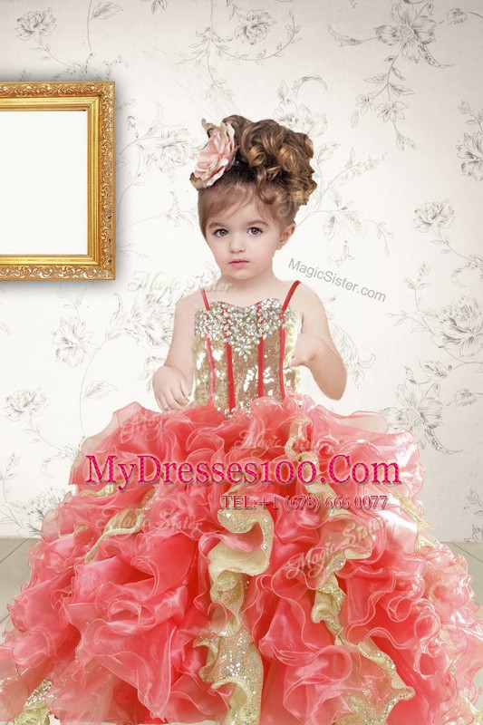 Sleeveless Lace Up Floor Length Beading and Ruffles and Sequins Flower Girl Dresses for Less