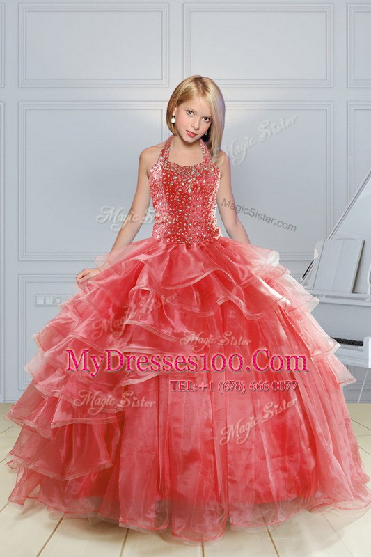Vintage Halter Top Beading and Ruffles Flower Girl Dress Red Lace Up Sleeveless Floor Length