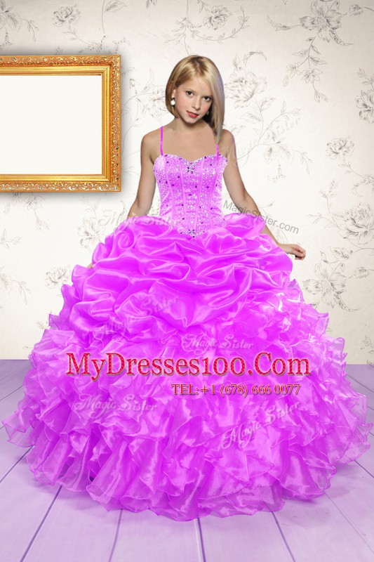 Clearance Hot Pink Lace Up Flower Girl Dresses Beading and Ruffles and Pick Ups Sleeveless Floor Length